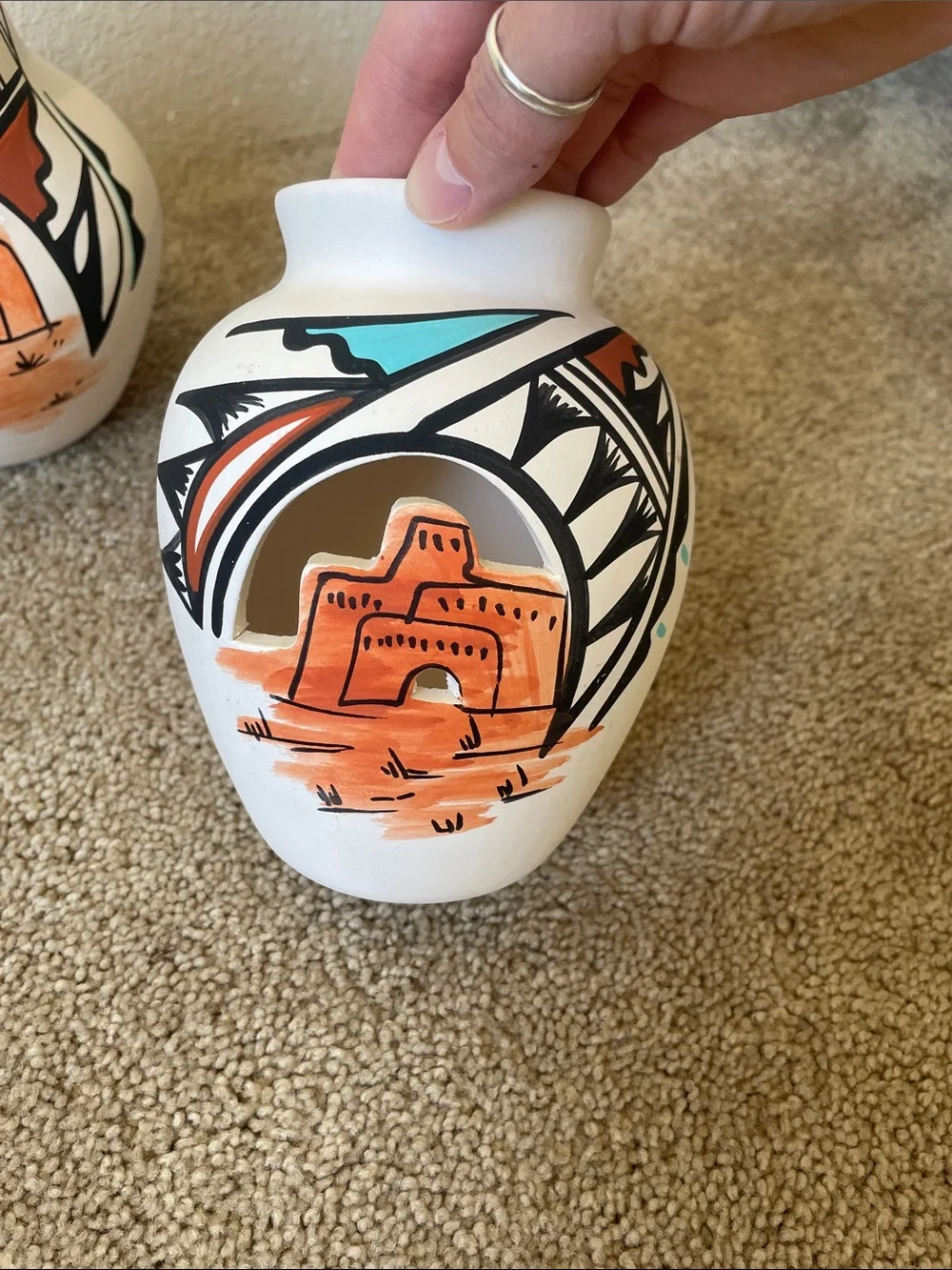 Vintage Hand-Painted Southwestern Ceramic Pottery Set with Terracotta Accents
